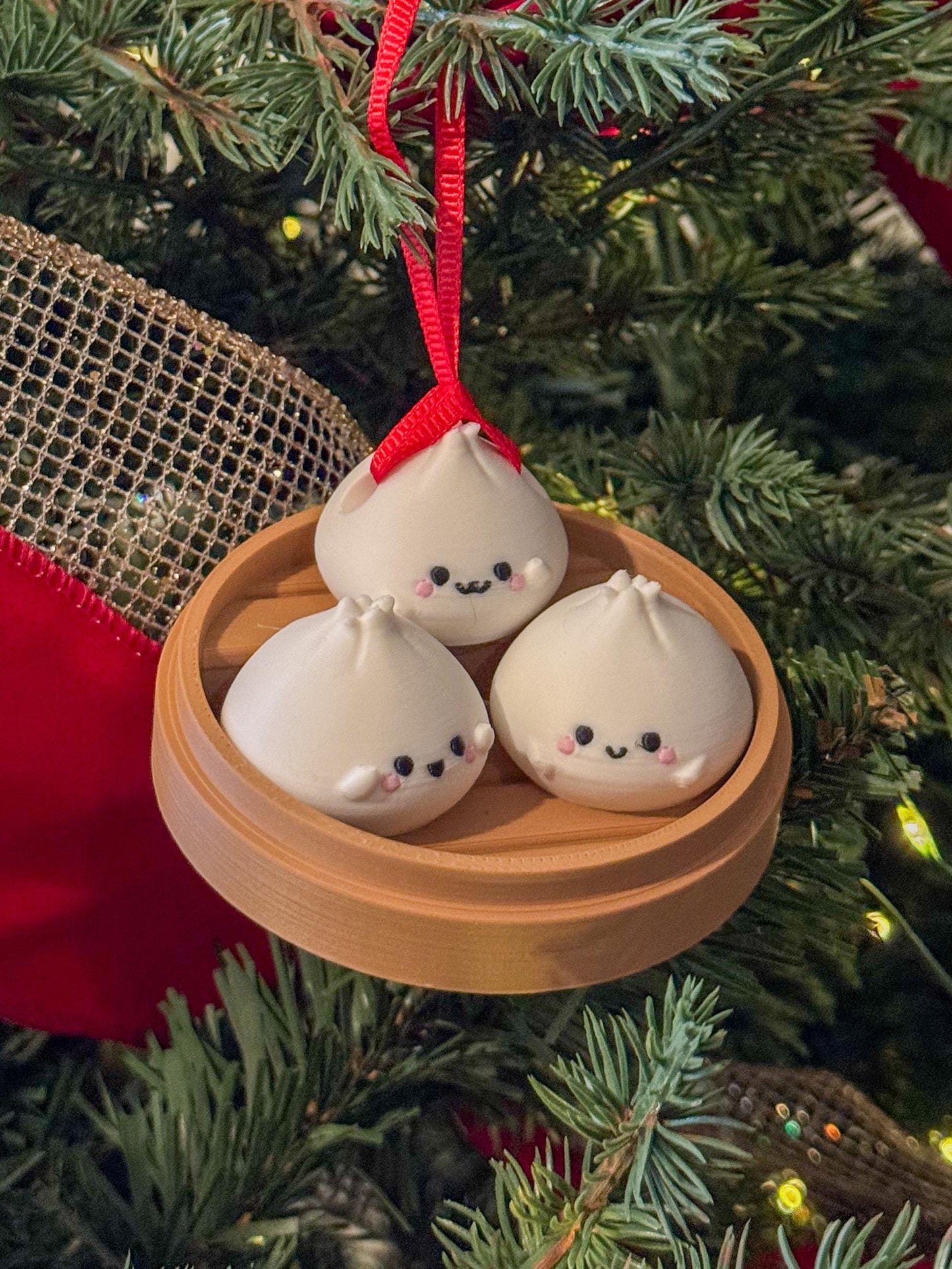 Kawaii Dim Sum Christmas Ornament: 3D Printed Dumpling in Steam Basket