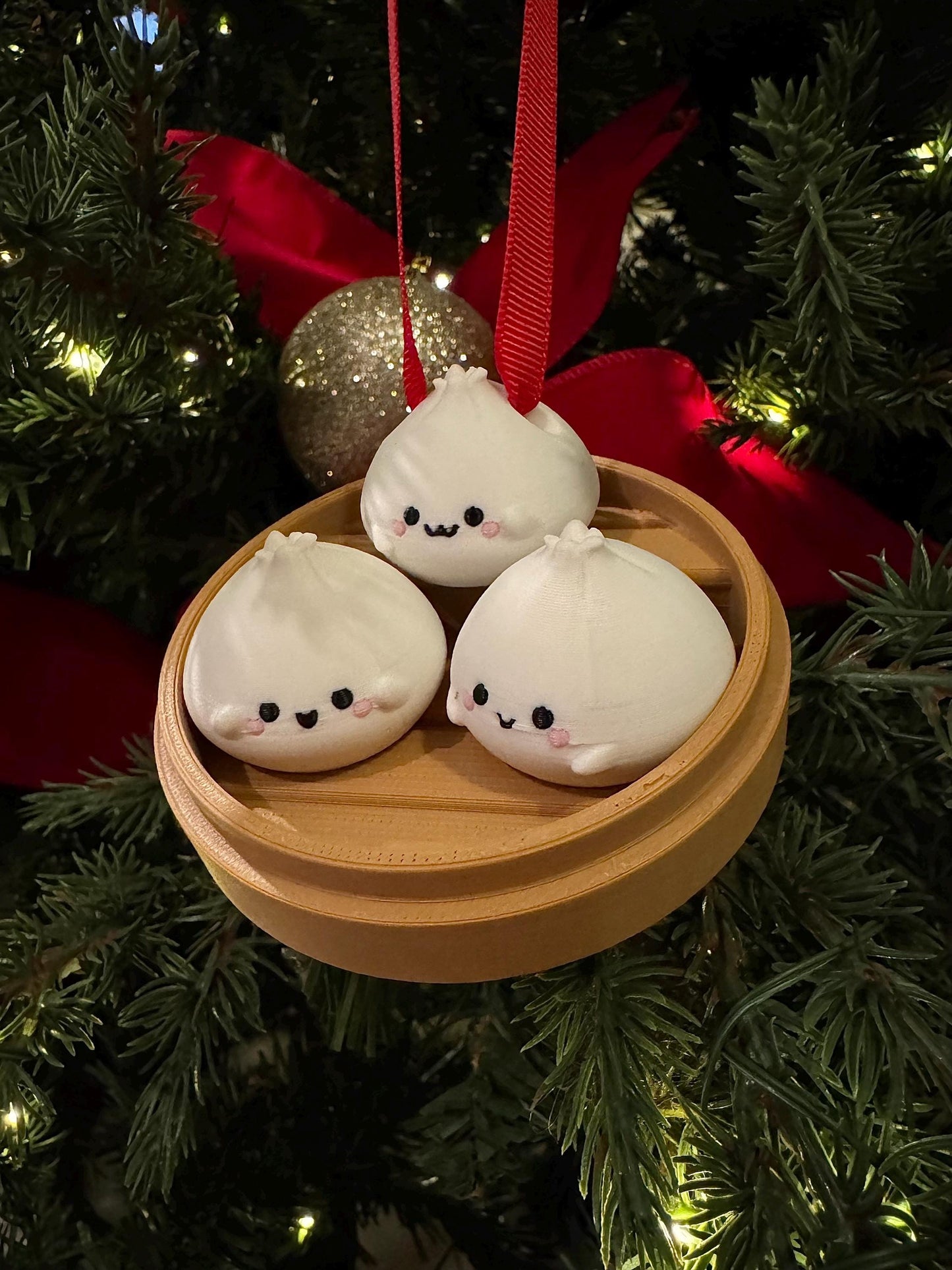 Kawaii Dim Sum Christmas Ornament: 3D Printed Dumpling in Steam Basket
