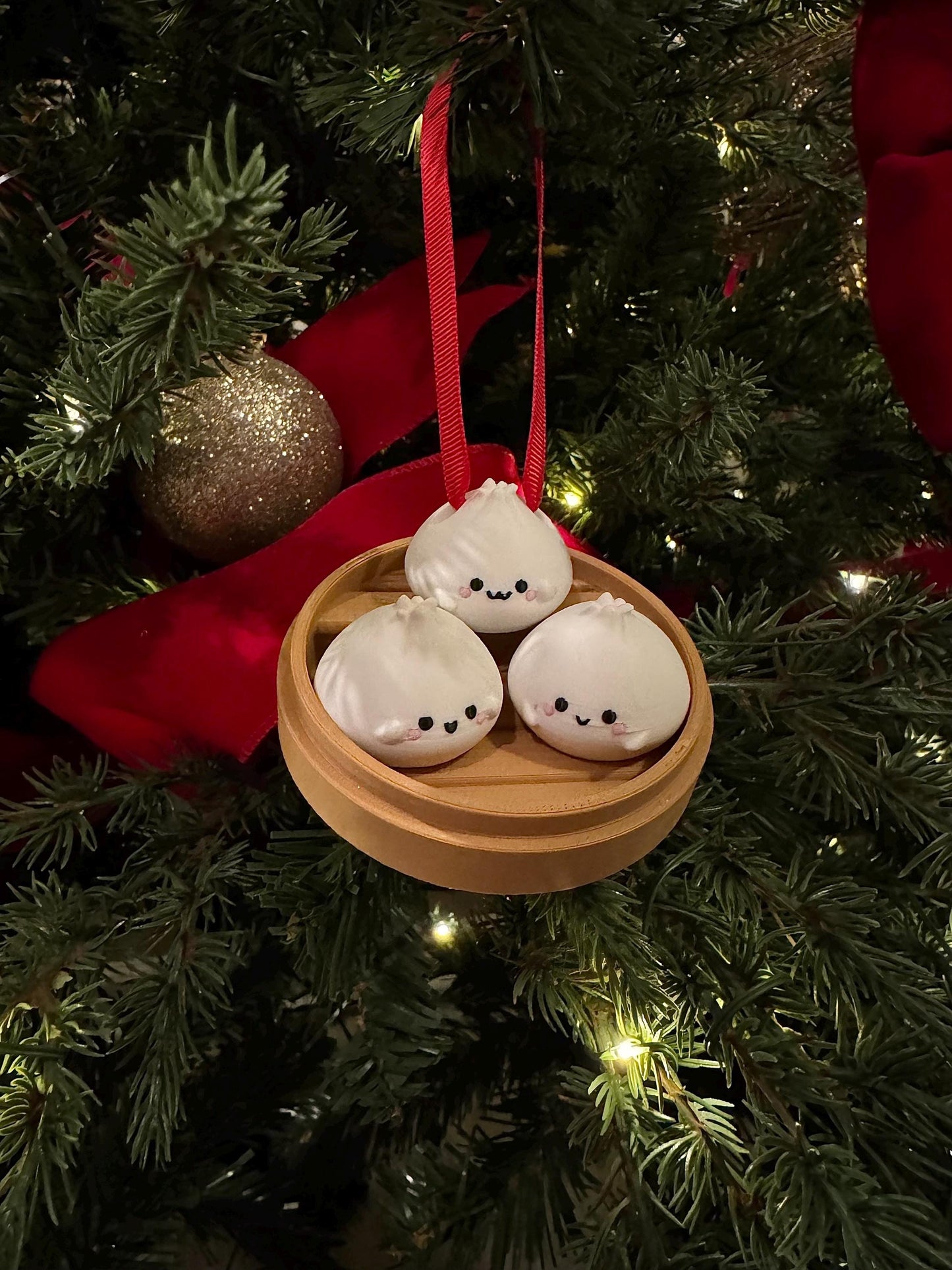 Kawaii Dim Sum Christmas Ornament: 3D Printed Dumpling in Steam Basket