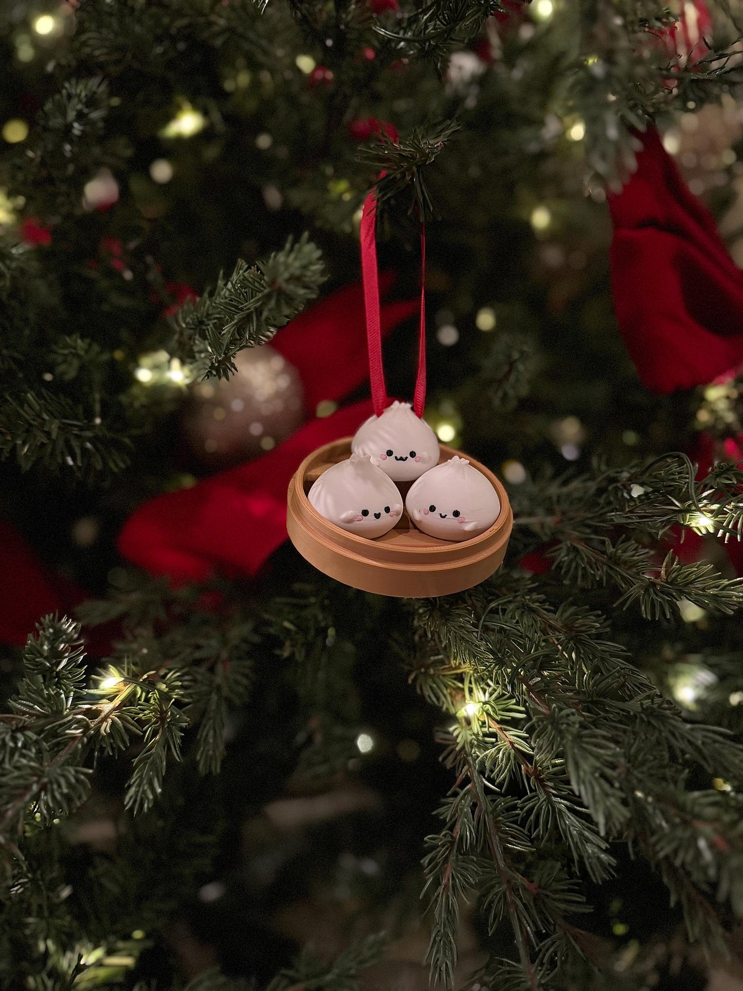Kawaii Dim Sum Christmas Ornament: 3D Printed Dumpling in Steam Basket